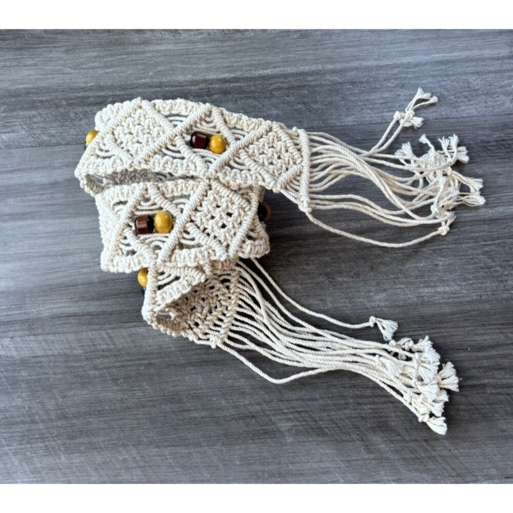 Crochet Belt Ivory Macrame Fringe Wooden Beads Size S